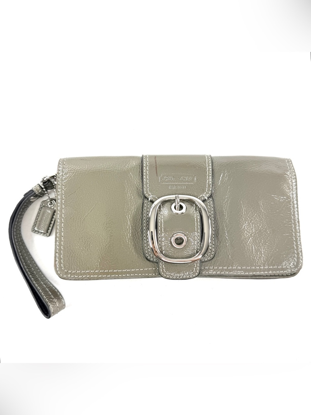 Coach Bleecker Gray Green Patent Leather Mini Bag Wallet Wristlet Strap Charm